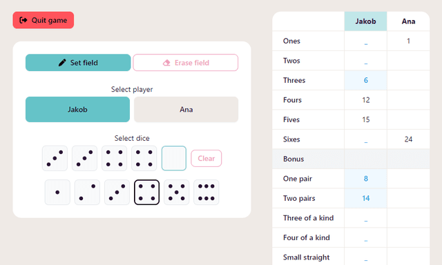 Yatzy Scorecard